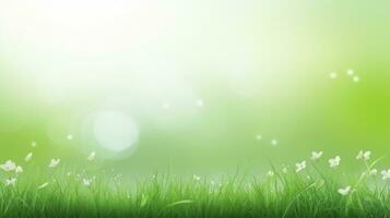 AI generated spring green meadow against blue sky background photo