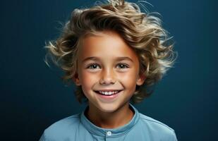 AI generated smiling boy in blue shirt, photo