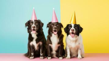 ai generado perros en cumpleaños gorra en vívido antecedentes foto