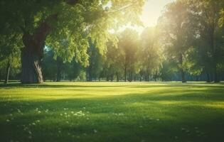 ai generado muy verde césped campo con arboles y escenario, foto