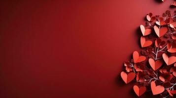 AI generated red paper hearts on red background with copy space photo