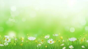 AI generated spring green meadow against blue sky background photo