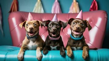 ai generado perros en cumpleaños gorra en vívido antecedentes foto