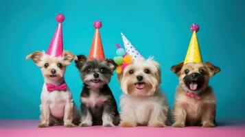 AI generated dogs in birthday cap on vivid background photo