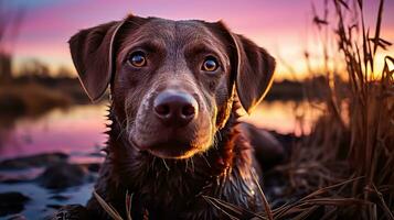 ai generado un contento perro en un color antecedentes foto