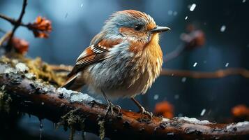 ai generado un pájaro a rama - borroso bosque ver en antecedentes con nevando, de cerca foto