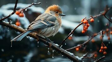 AI generated A bird at branch - blurry forest view in background with snowing, closeup photo