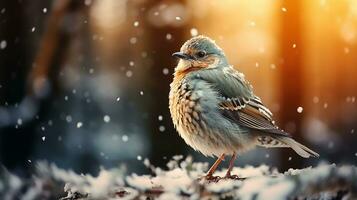 ai generado un pájaro a rama - borroso bosque ver en antecedentes con nevando, de cerca foto