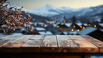 AI generated A realistic photo - Empty dark wooden table and winter flowers on it, abstract winter blurred background