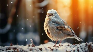 ai generado un pájaro a rama - borroso bosque ver en antecedentes con nevando, de cerca foto