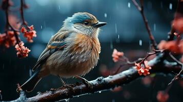 AI generated A bird at branch - blurry forest view in background with snowing, closeup photo