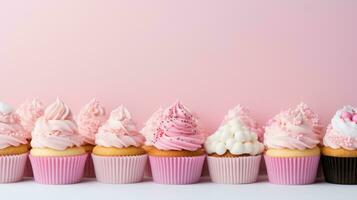 AI generated sweet cupcakes background with copy space photo