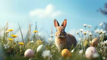 AI generated spring green meadow with easter effs and bunny against blue sky, photo