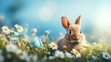 AI generated spring green meadow with easter effs and bunny against blue sky, photo