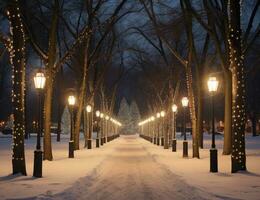 ai generado foto de un invierno parque en grande ciudad,