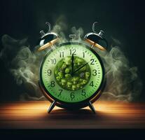 AI generated green alarm clock with smoke on background photo