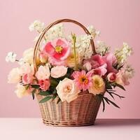AI generated A beautifully arranged bouquet of spring flowers in a basket on a pastel pink photo