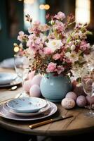 AI generated beautifully styled Easter table setting with a floral centerpiece, photo