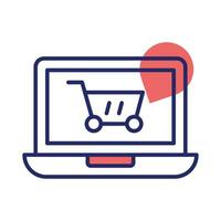 Shopping basket inside laptop showing concept icon of online shopping, vector of shopping website