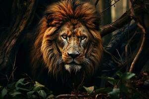 AI generated An adult formidable lion emerges from the jungle. Wild life. Generated by artificial intelligence photo