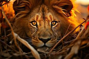 AI generated An adult lion looks directly at the camera in the savannah. Generated by artificial intelligence photo