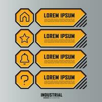 Industrial infographic template with home icon, star icon, notification icon, warning label sign, lower third banner. vector