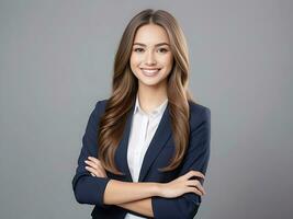 ai generado hermosa joven negocio mujer retrato, mujer cara sonriente linda niña con largo pelo estudio disparo, aislado en gris antecedentes foto