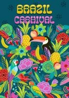 Template with  flowers, fruits, birds, musical instruments. Brazil carnival. Vector design for carnival concept and other use