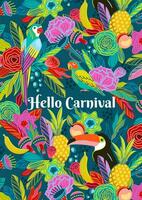 Template with  flowers, fruits, birds, musical instruments. Brazil carnival. Vector design for carnival concept and other use