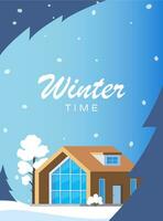 Winter landscape with big house. Winter holidays. Cute winter landscape for holiday banner. Lovely house in a snowy valley. Winter Cabin. Vector illustration.