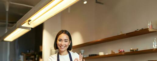 Portrait of barista girl, asian female cafe worker, shows okay, ok sign in approval, recommend smth, happy and pleased, wearing apron, standing with laptop behind counter photo