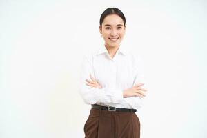 Influencers and business. Confident young businesswoman with professional attitude, stands over white background photo