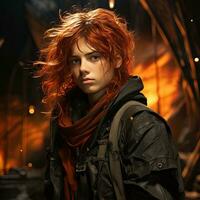 AI Generated Beautiful young redhead woman soldier portrait. Ai Generative. photo
