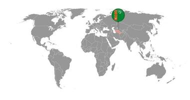 pin mapa con bandera de turkmenistán en el mapa mundial. ilustración vectorial vector
