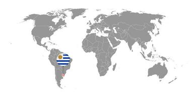 pin mapa con bandera de uruguay en el mapa mundial. ilustración vectorial vector