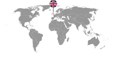 alfiler mapa con unido Reino bandera en mundo mapa. vector ilustración.