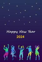 Happy new year 2024 celebration party with dancing man and woman in dark background. Poster design. Vector illustration.