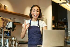 Portrait of barista girl, asian female cafe worker, shows okay, ok sign in approval, recommend smth, happy and pleased, wearing apron, standing with laptop behind counter photo