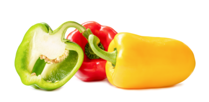 Front side view of fresh red and yellow bell pepper or sweet pepper with green half isolated with clipping path and shadow in png file format. Bulgarian pepper