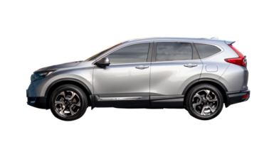 Side view of luxurious gray SUV car isolated with clipping path in png file format