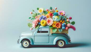 AI generated Springtime Joyride Vintage Car Overflowing with Flowers photo