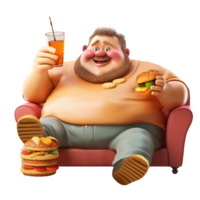 ai gerado uma gordo homem é bebendo e comendo uma hamburguer enquanto sentado em uma 3d sofá. adequado para saúde e dieta png