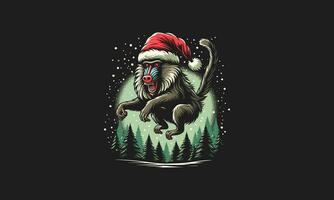 baboon jump on forest wearing santa hat vector mascot design