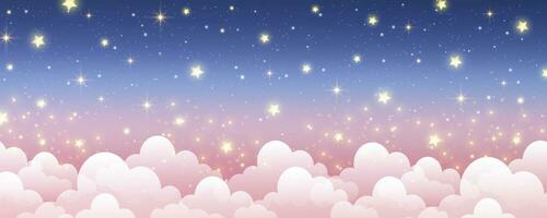 Sky with stars and clouds. Magical landscape, abstract light pink and dark blue pastel fabulous galaxy. Cute glitter fantasy wallpaper. Vector. vector