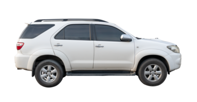 Side view of white SUV car isolated with clipping path in png file format