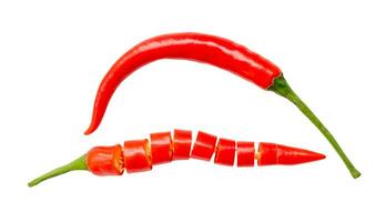 Top view and flat lay of fresh red chili peppers isolated on white background with clipping path photo