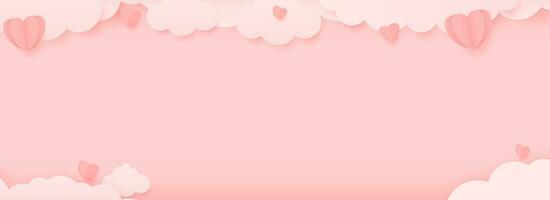 Vector illustration of paper hearts and clouds, pink Valentine's Day background.