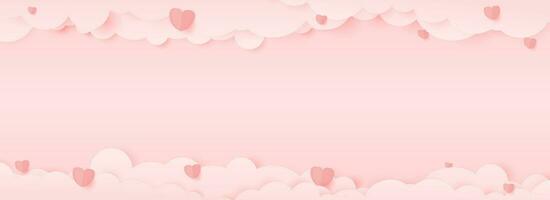 Vector illustration of paper hearts and clouds, pink Valentine's Day background.