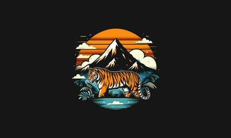 Tigre en mar y montaña vector plano diseño