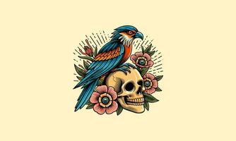 head skull and bird and flowers vector mascot design